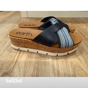 Earth Women's Slide Sandals Size 7 Blue Tan Crossband Wedge Casual